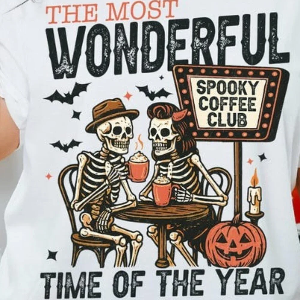 Skeletons Drinking Coffee, Retro Halloween Tee - Picture 2 of 3